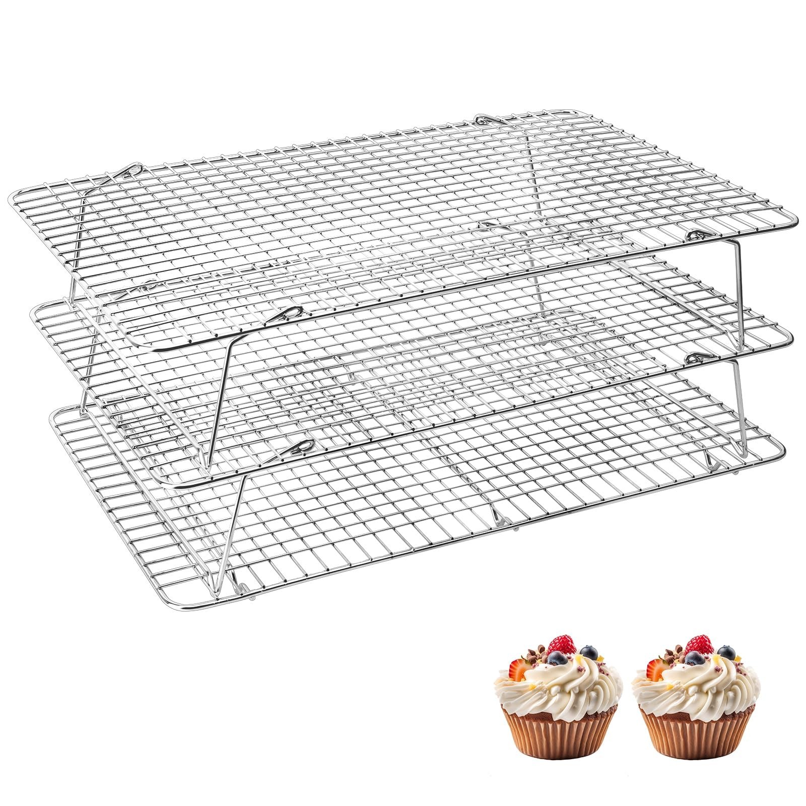 Pleafind 3 PCS Silver Stackable Cooling Rack -16 x 10 Inch Wire Rack, Heavy D...