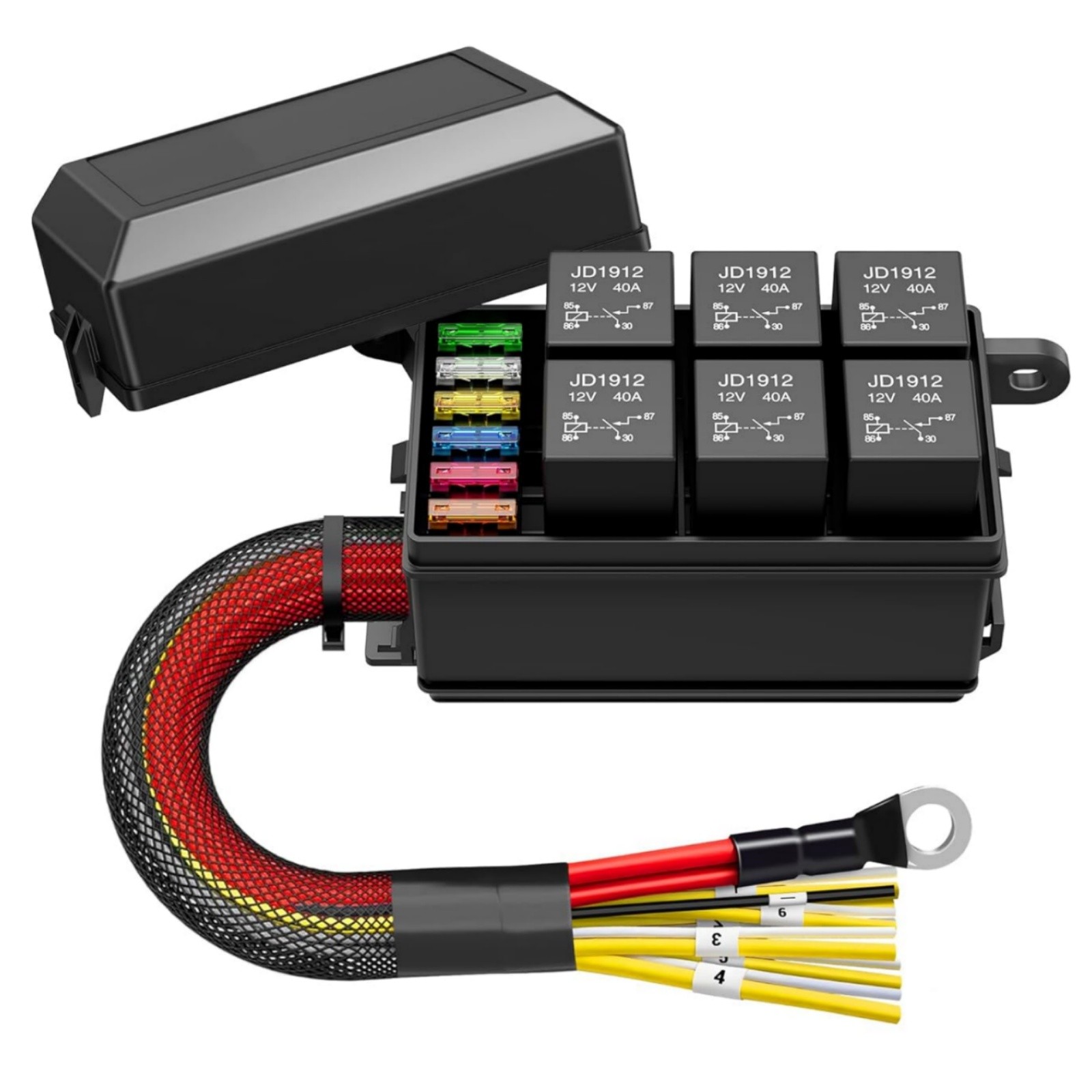 Automotive 6 Way Relay Box 12V Pre-Wired with ATO Fuses for Car Truck Trailer