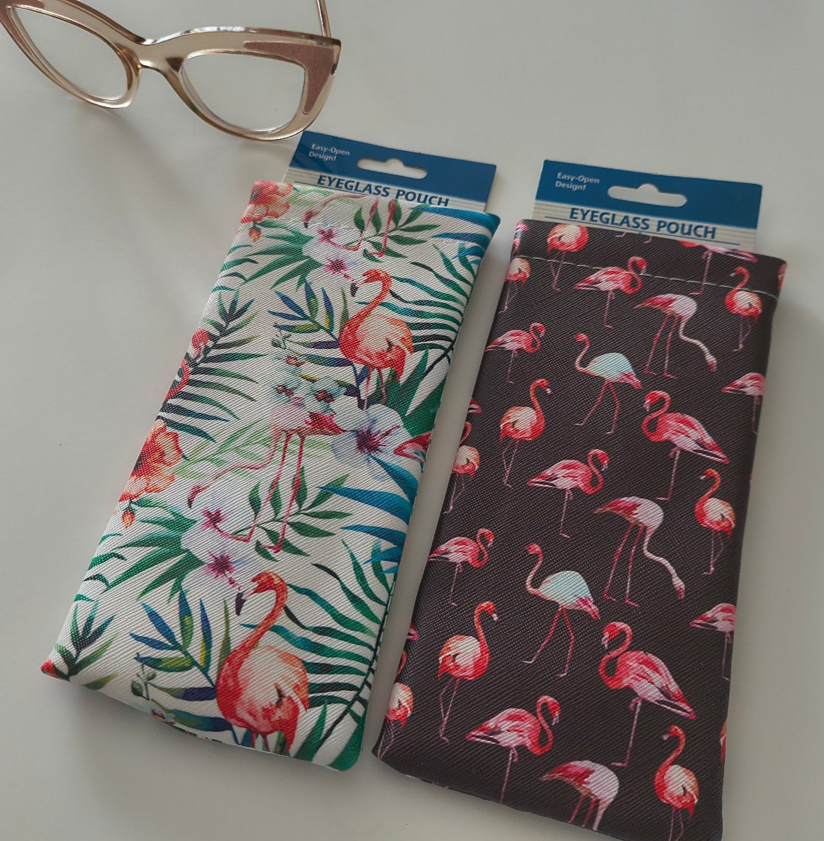 PACK OF 2 EYEGLASS POUCHES "FLAMINGOS"  Black Pink Green Multi Easy Open NEW