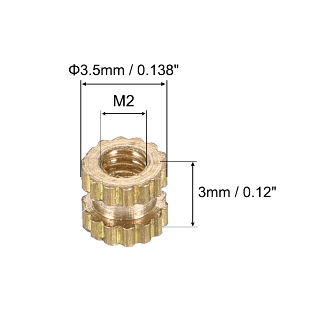 M2 x 3mm(L) x 3.5mm(OD) Brass Knurled Threaded Insert Embedment Nuts, 50 Pcs