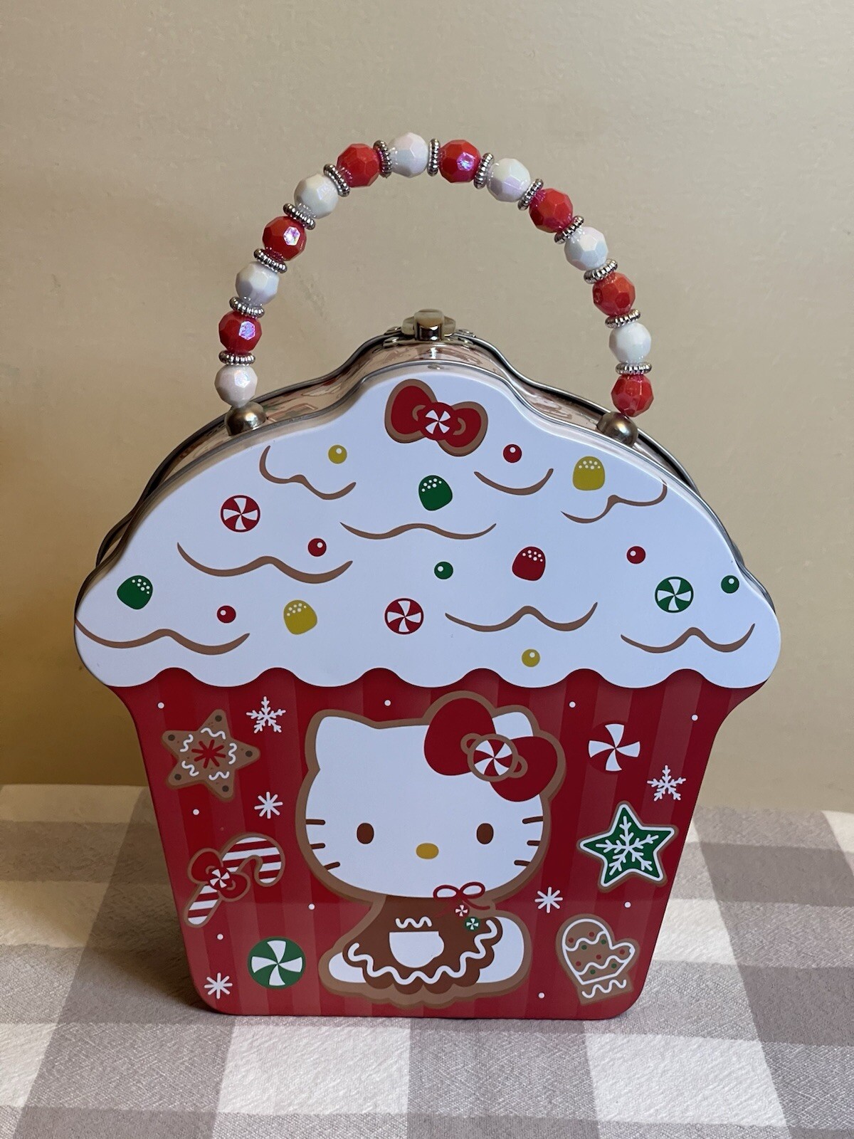 Hello Kitty Christmas Cupcake Tin Lunchbox Purse - Brand New - Beaded Handle