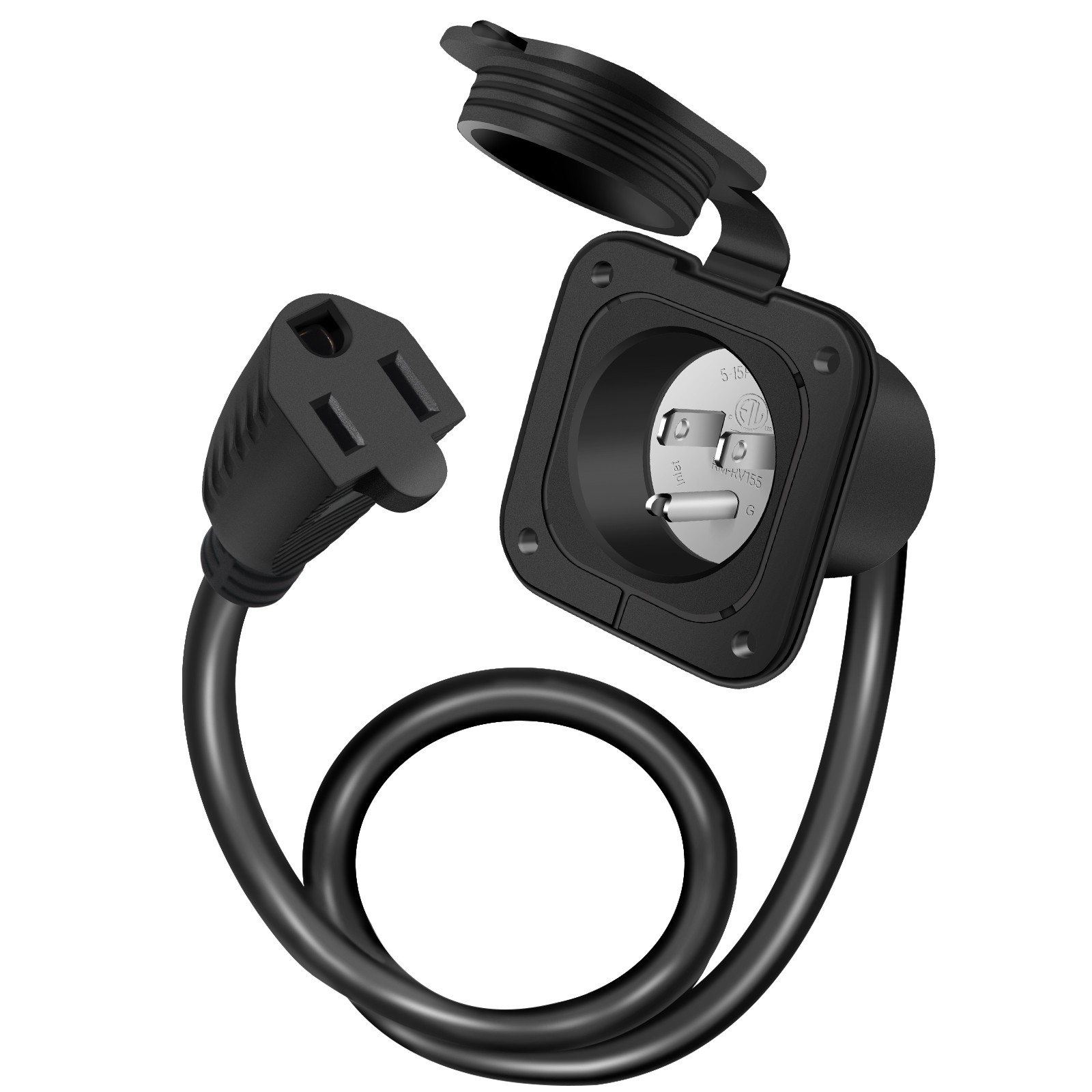15A 18" AC Power Plug Port Extension Cord Flange Inlet Socket for RV Camper Boat