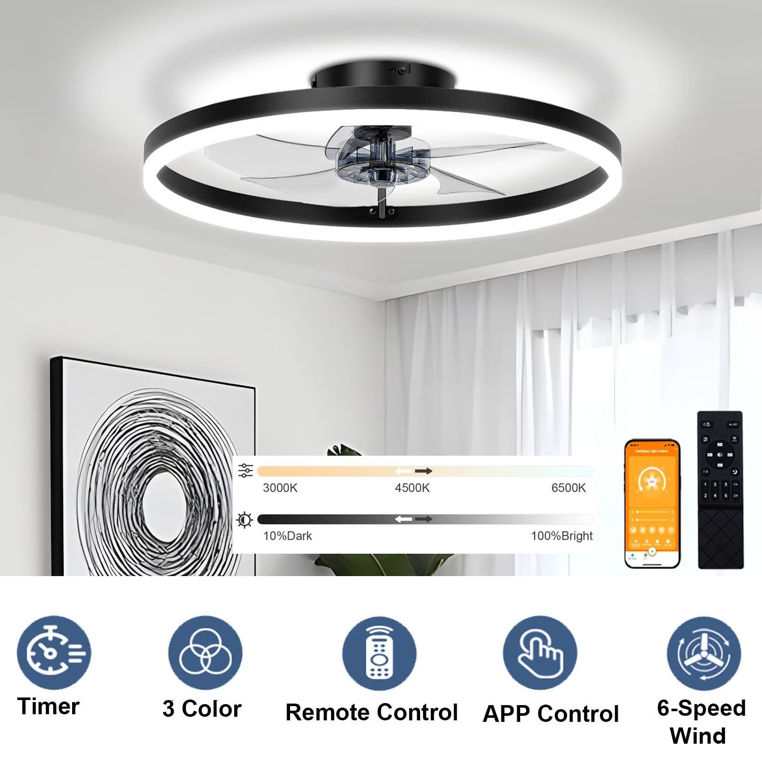 20" Modern Fan Lights Flush Mount LED Ceiling Light kit With APP Remote Control