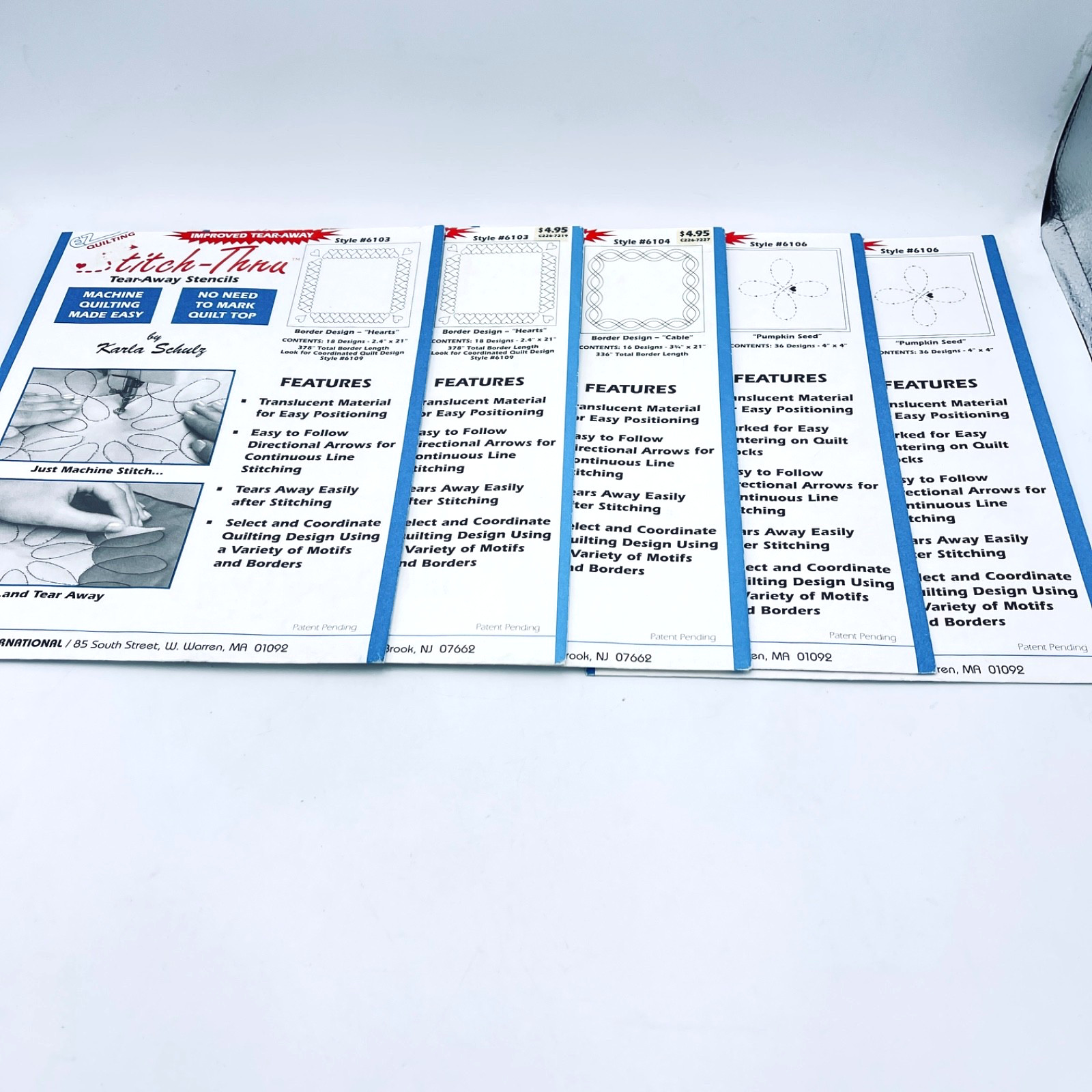 Lot 5 EZ Quilting Stitch-Thru Tear Away Stencils 6103 6104 6106 New Hearts Cable