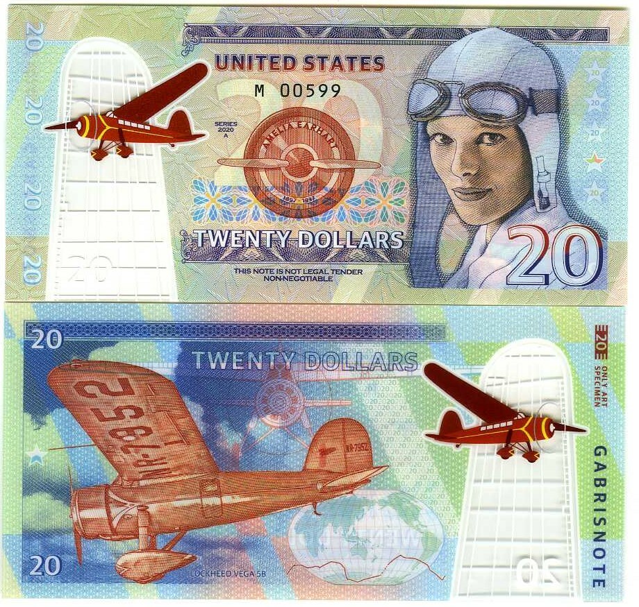 USA, $20, 2020, private Issue, clear window polymer, Amelia Earhart
