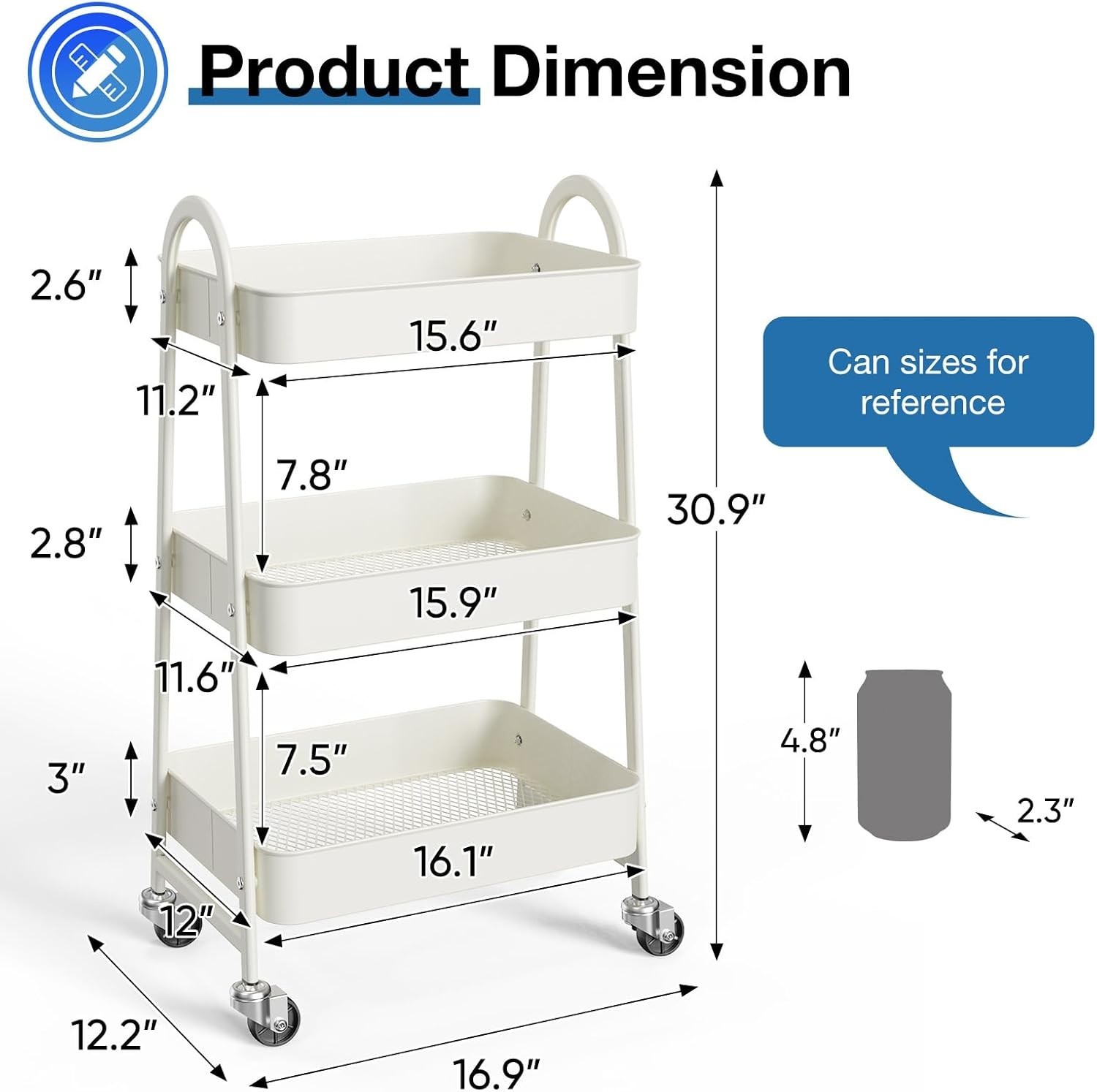 Rolling Storage Cart with Lockable Wheels Metal Utility Organizer Shelf White