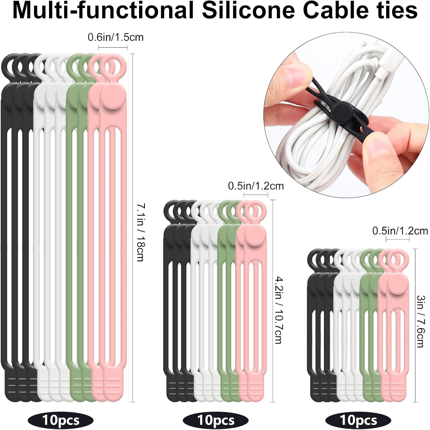 Oneleaf 30Pcs Cord Organizer, Silicone Cable Ties Reusable, Cord Ties for Electr