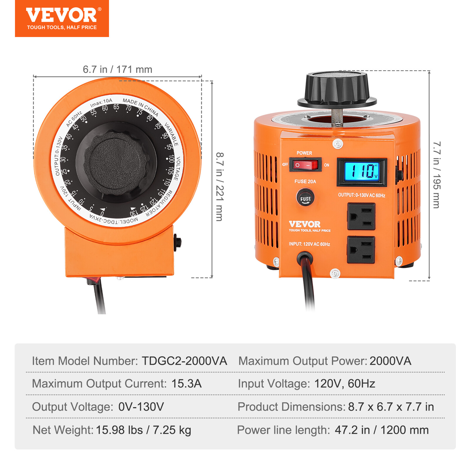 VEVOR Bench Top 20 Amp Variable Auto Transformer with LCD Digital Display