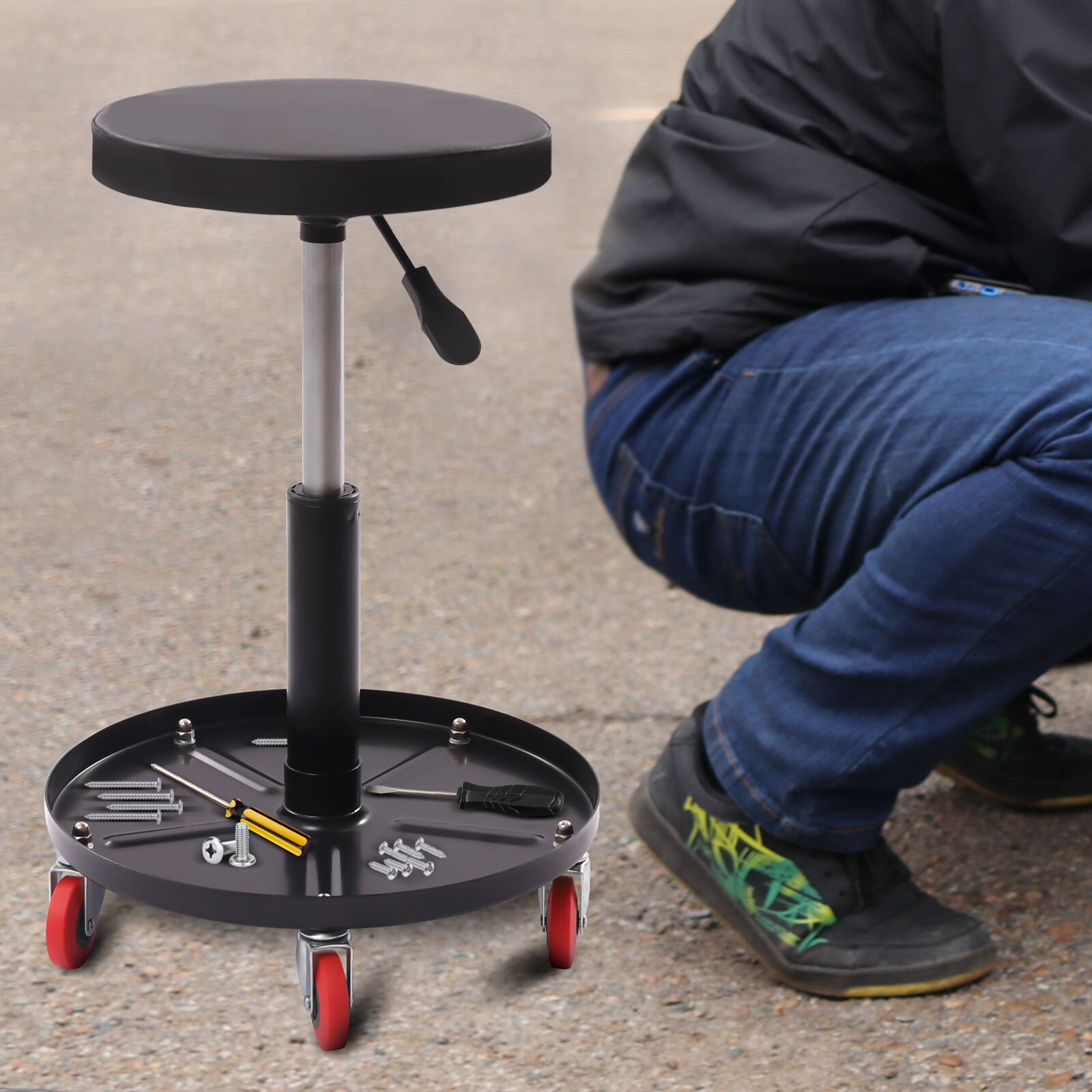 Rolling Garage Stool Adjustable Mechanic Work Shop Seat with 5 Caster 300LBS new