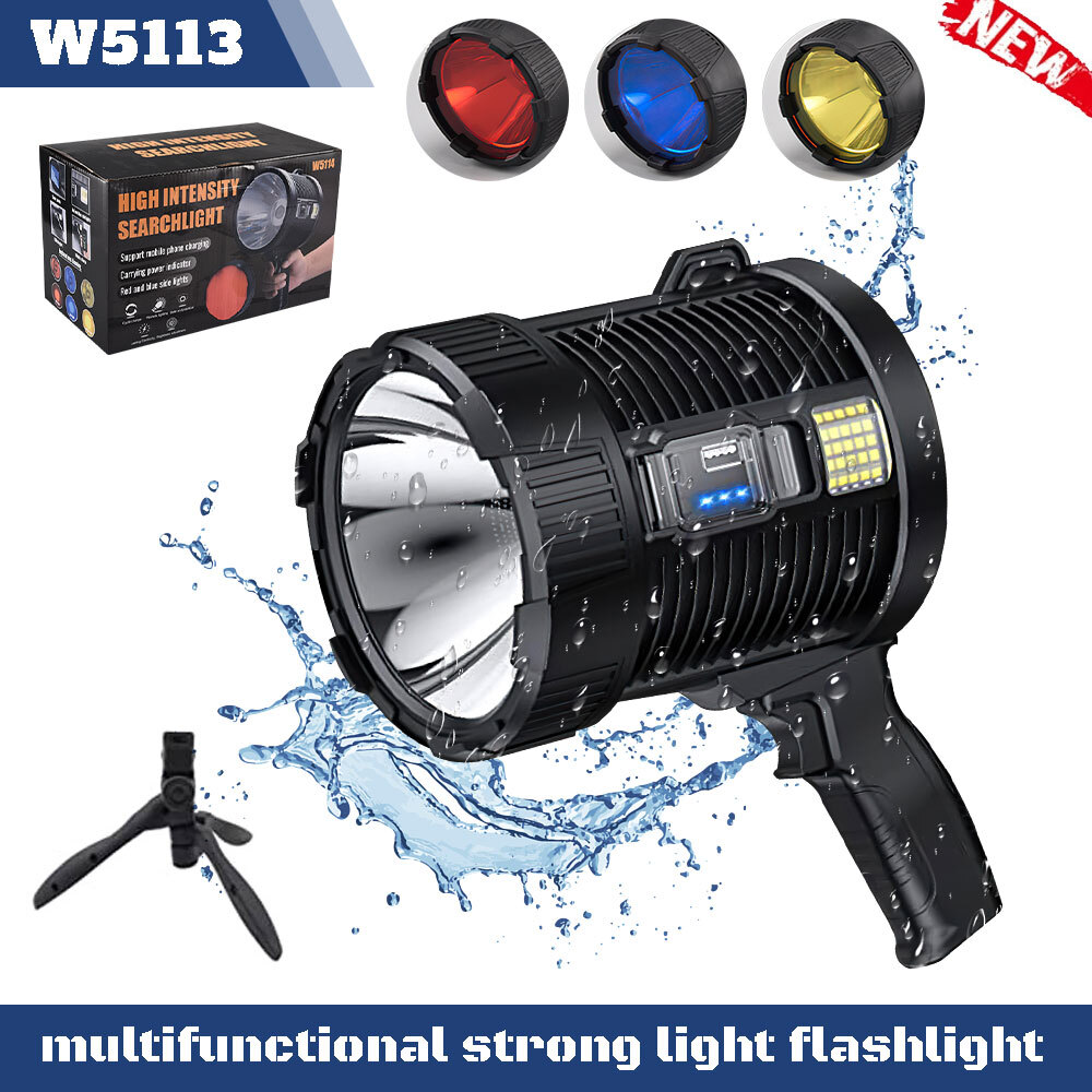 Solar Power 200000LM Super Bright LED Searchlight Spotlight USB Flashlight Light