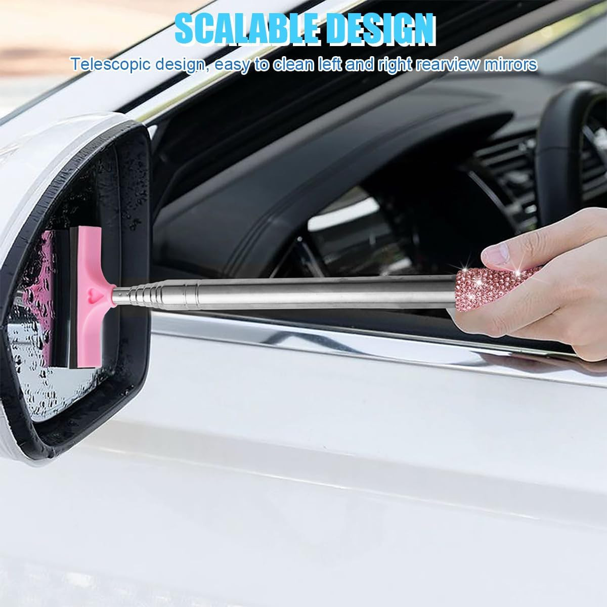 Bling Car Rearview Mirror Wiper, Retractable Rhinestone Vehicle Window Squeegee