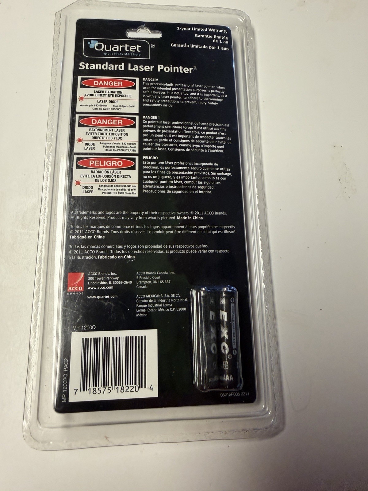 Quartet MP-1200Q Plastic Pen Size Laser Pointer Black, 2 AAA Batteries Included