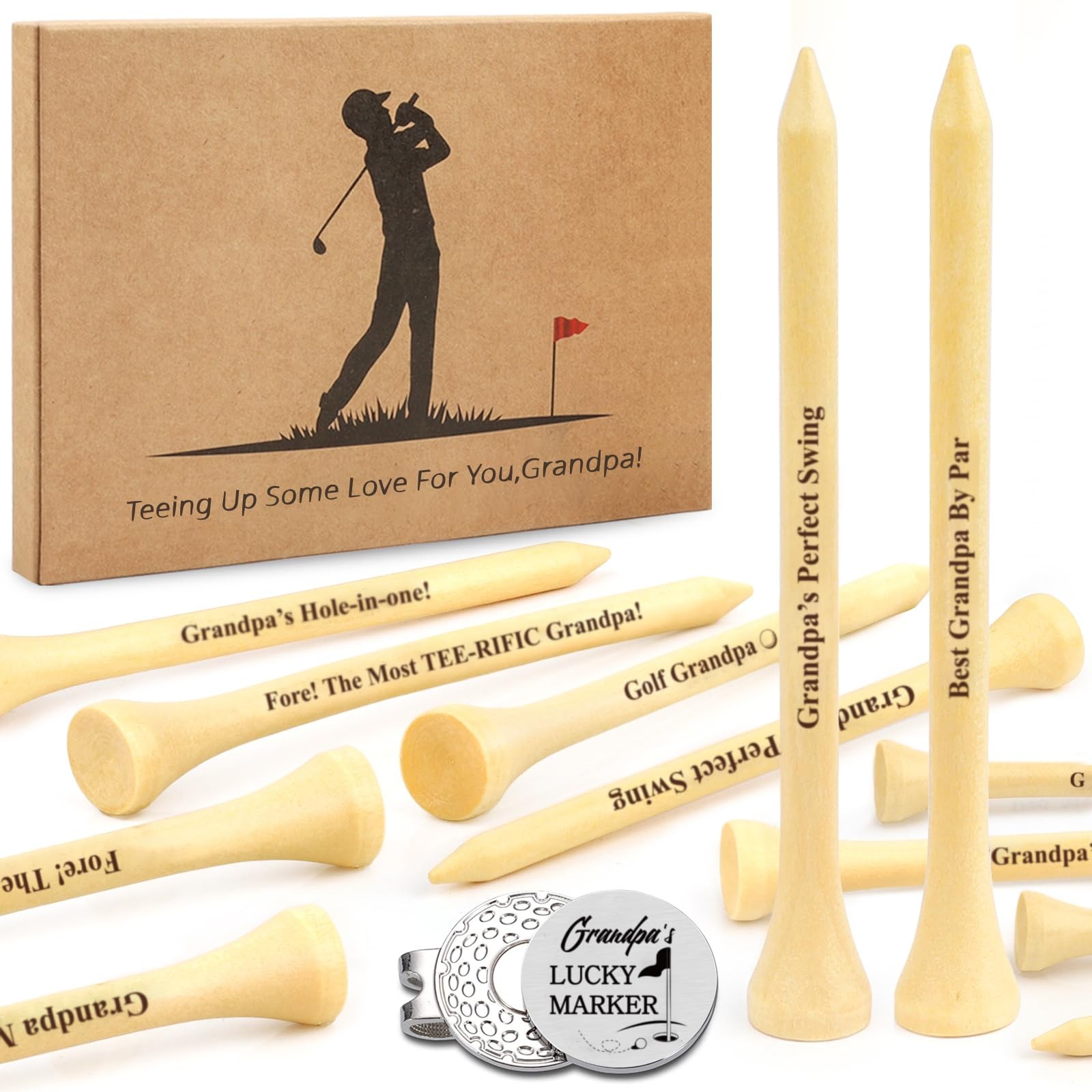 Father's Day Golf Gifts 30 PCS 3-1/4 inch Wood Tees Hat Clip Grandpa