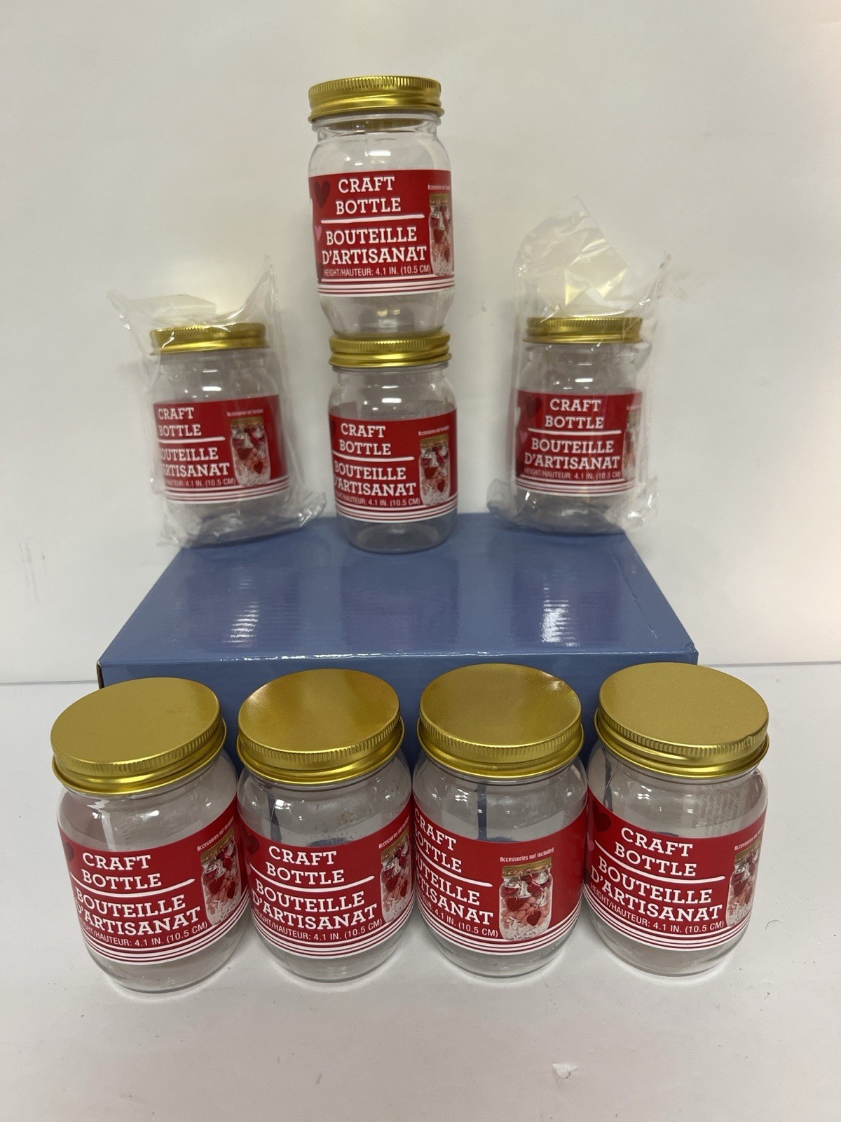 Lot of 8 Clear Plastic Craft Jars w Gold Lids 4.1” Greenbrier