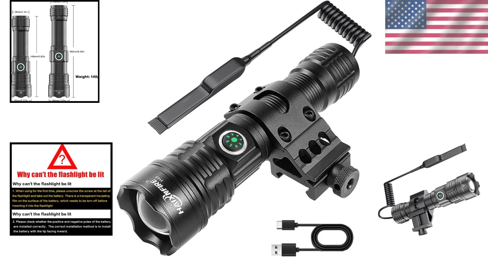 haixnfire Tactical Flashlight Type-C USB Rechargeable 6000 lumens Zoomable LED W