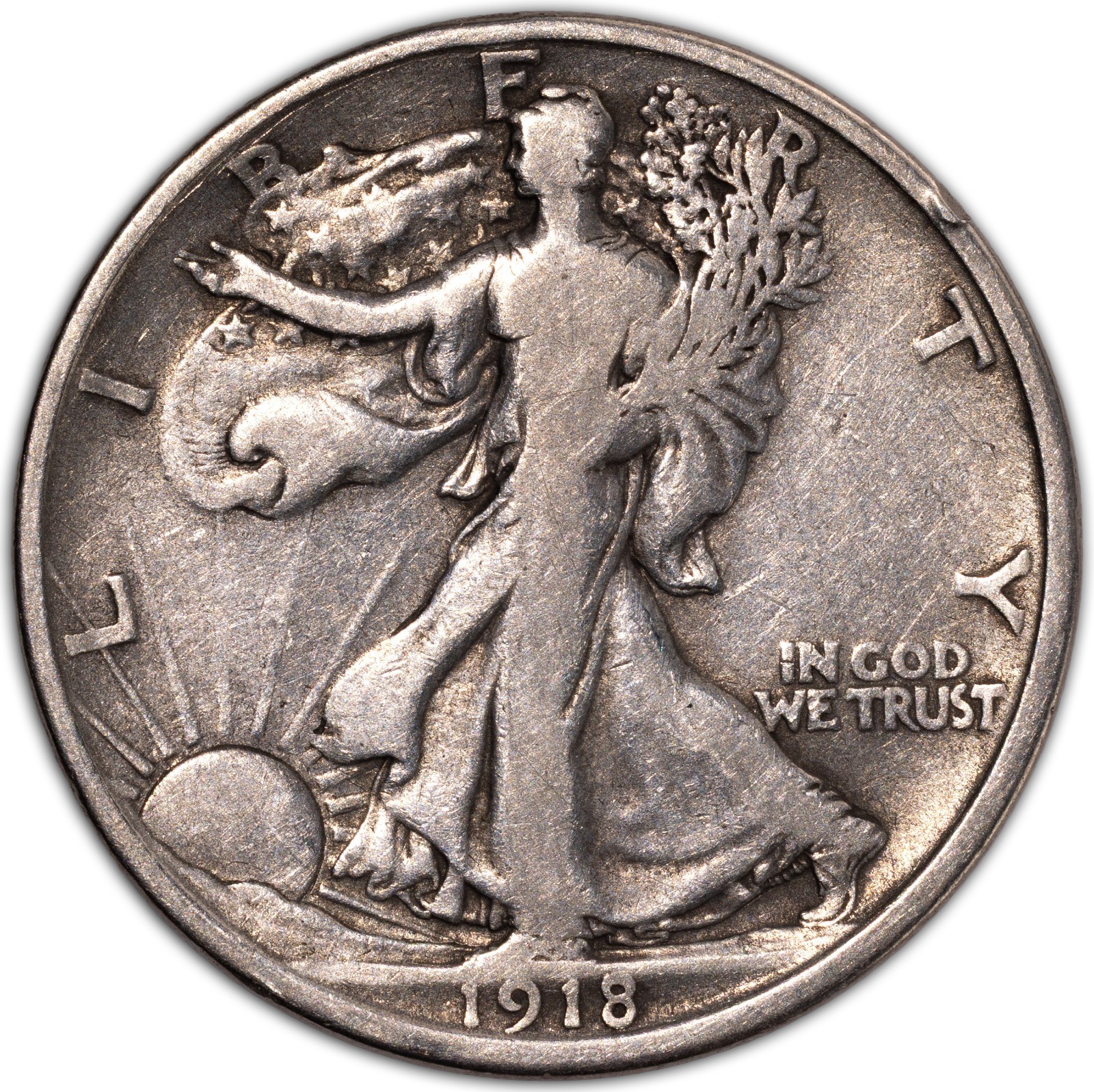 1918-D Fine Walking Liberty Silver Half Dollar 50c Denver F+