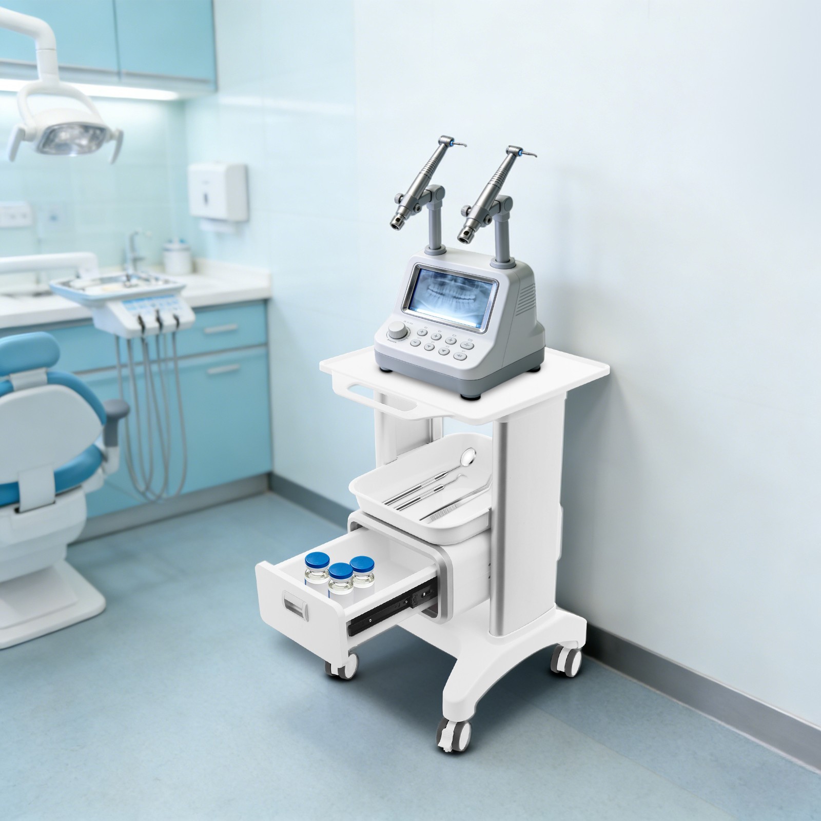 Mobile 3 Tiers Lab Carts Medical Cart with 1 Drawers & 1 Top Tray White NEW