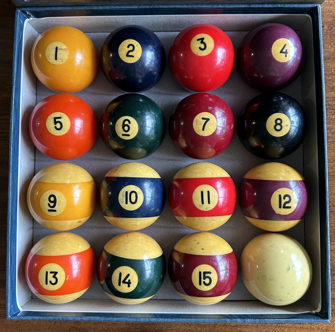 Vintage Belgian Aramith Billiard Pool Balls w/ “Box” 2.25” Complete Set YELLOWED