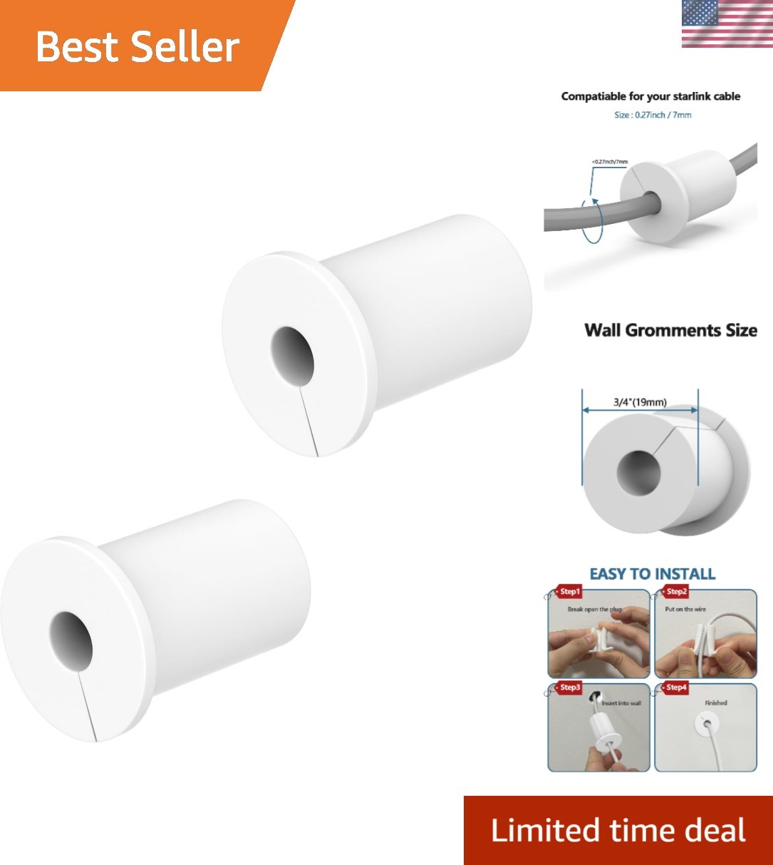2PCS White Starlink Wall Grommets – 3/4 Inch for Secure Cable Management