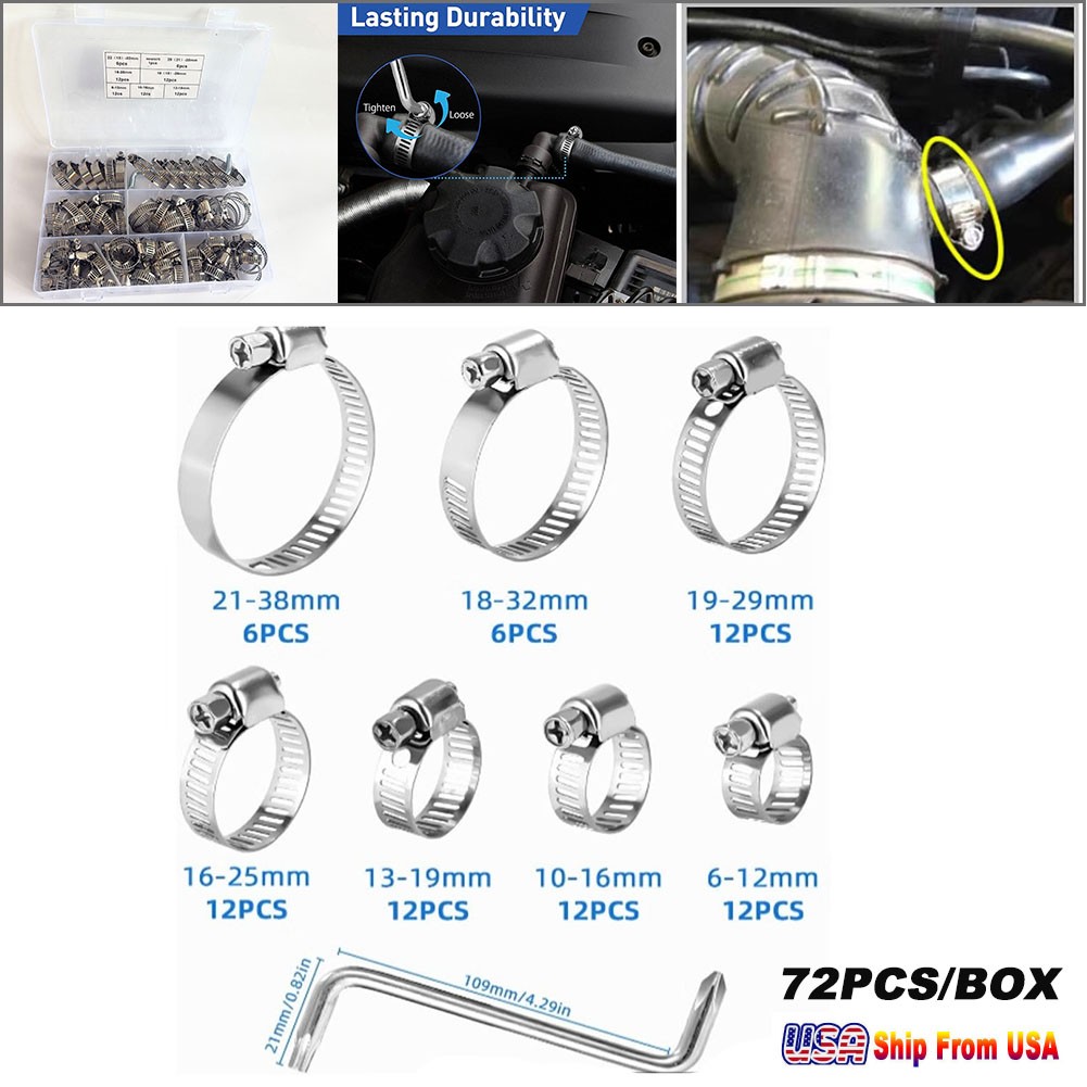 72pcs Hose Clamps Assortment Kit 6-38mm Stainless Steel Worm Fuel Line Car