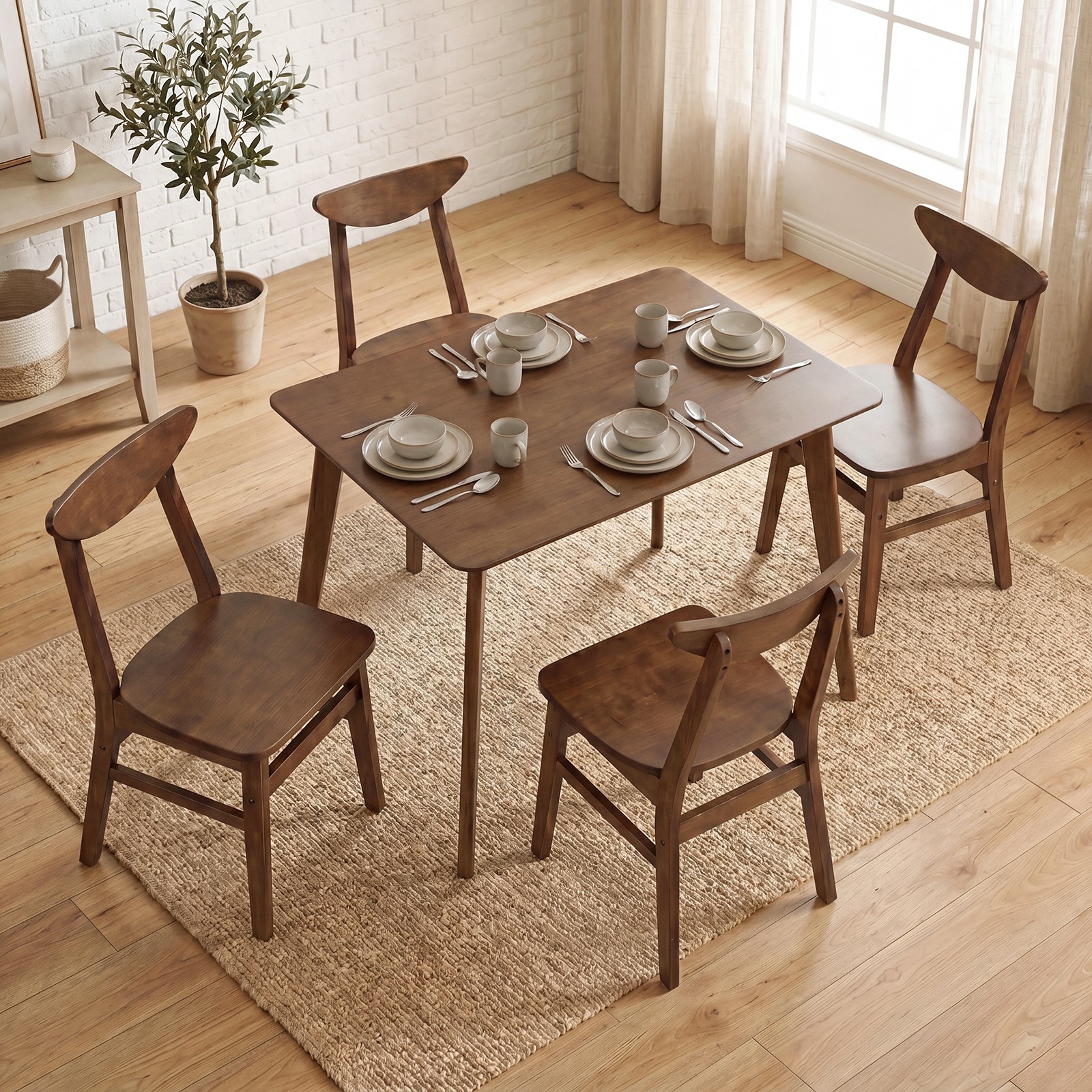 5PCS Solid Wood Dining Table Set, Mid Century Kitchen Table and Chairs Set for 4