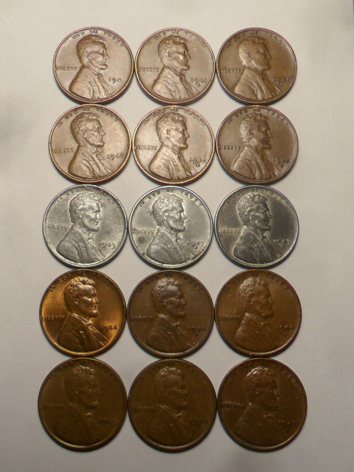 1941-PDS - 1945-PDS NICE "WORLD WAR 2" LINCOLN WHEAT CENTS" 15 PC COMPLETE SET!!