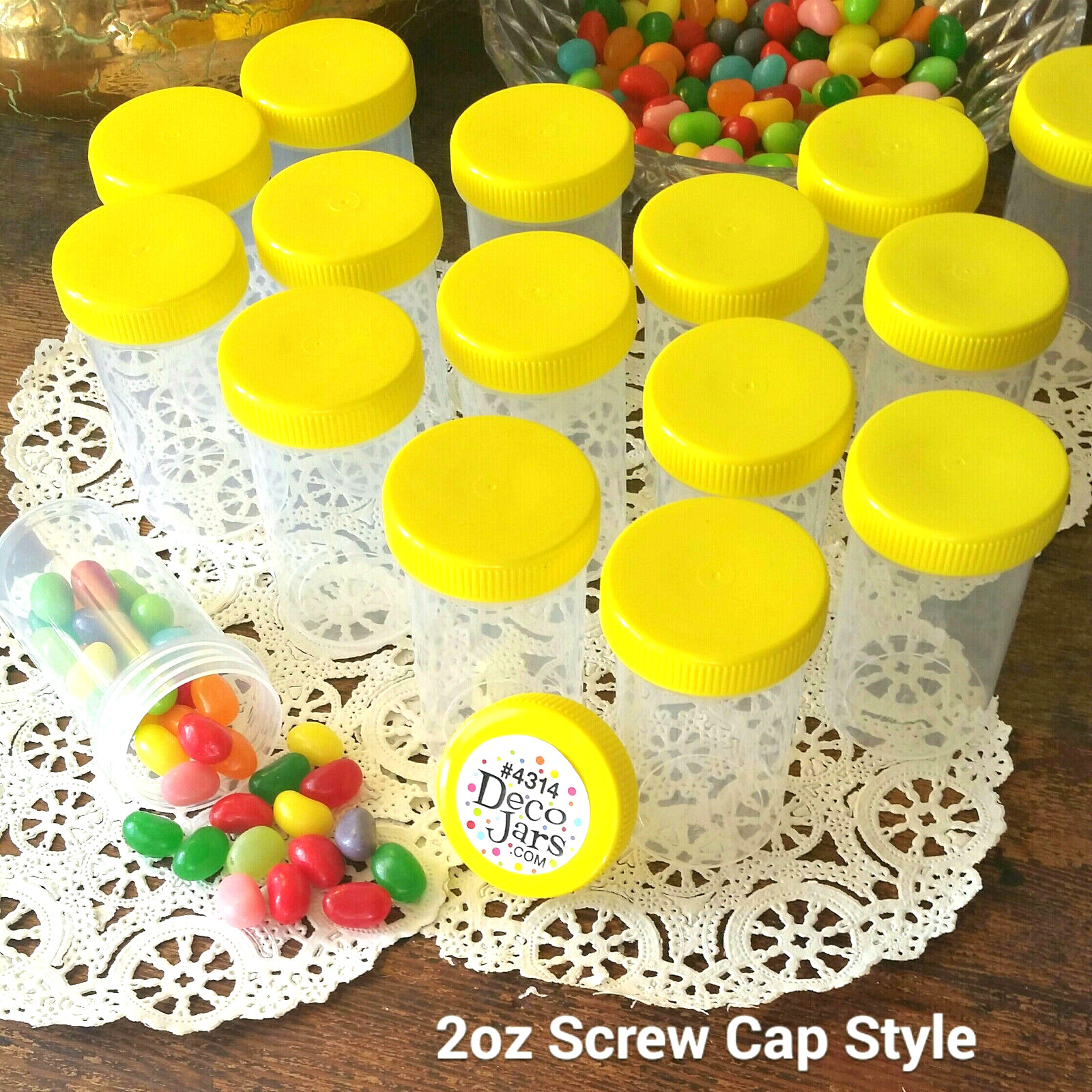 10 Happy Pill Bottle Jars Container Party Favor Decojars 4314 USA yellow cap