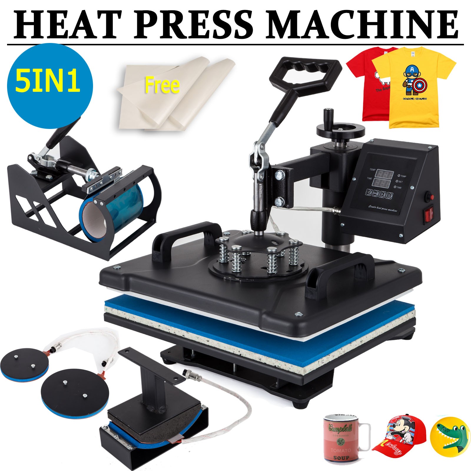 5 In 1 Heat Press Machine 12"x15" Transfer Sublimation T Shirt Hat Plate Cap Mug