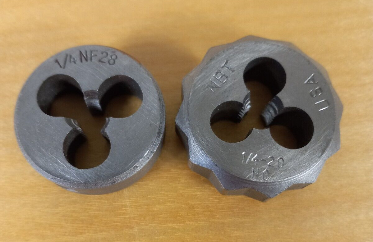 2 Vintage 1/4" Dies, 1/4-20NC 1" 12 Point & 1/4-28NF 1" Round