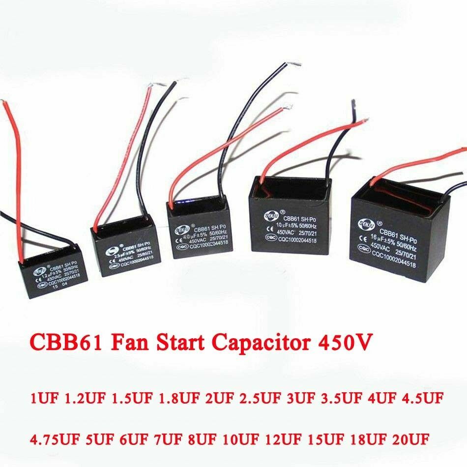 CBB61 Fan Start Motor Running Capacitor 450V 1UF 1.2UF 4.5UF 5UF-20UF Lead 10CM