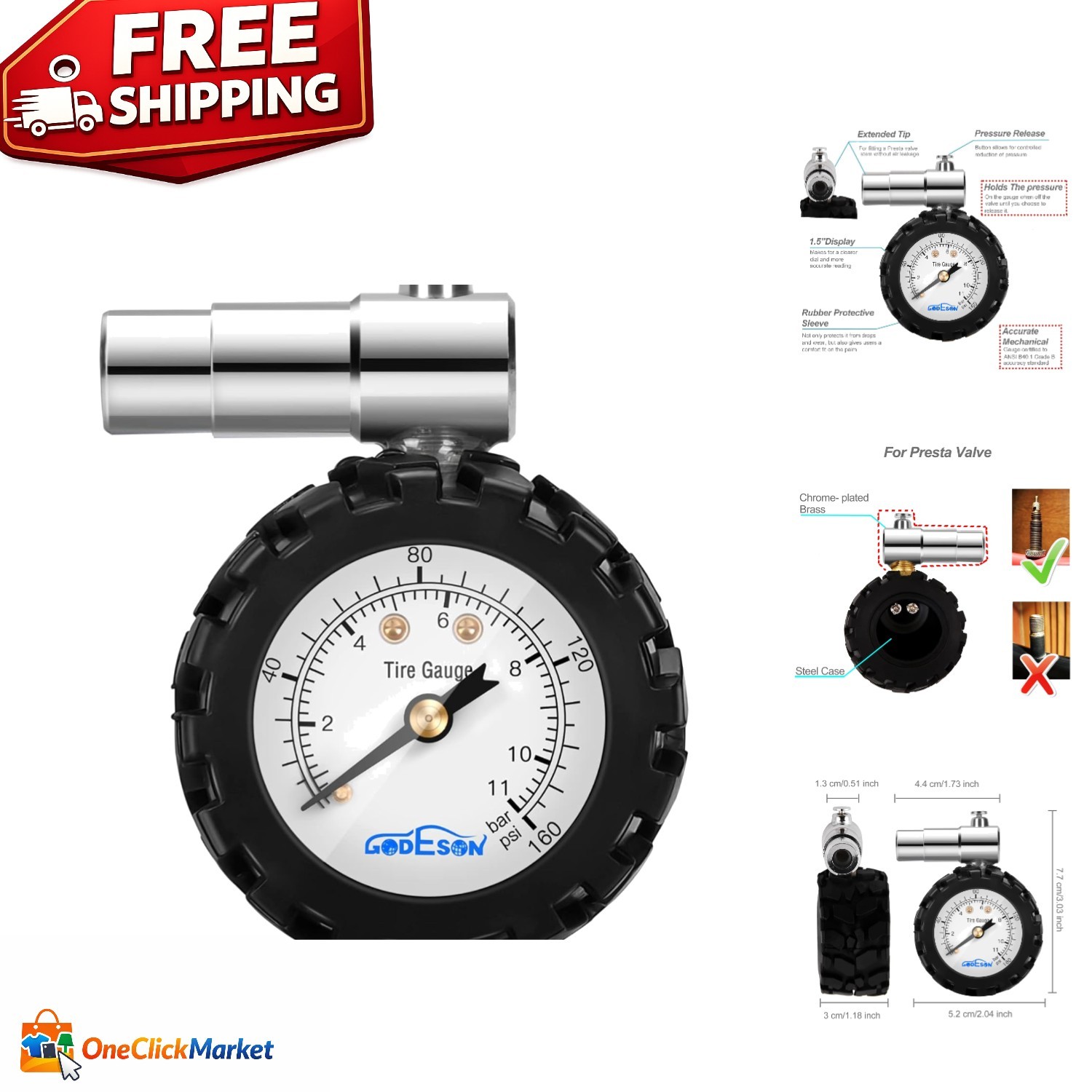 Compact Mechanical Tire Pressure Gauge 0-160psi for Presta Valves - Brass Design
