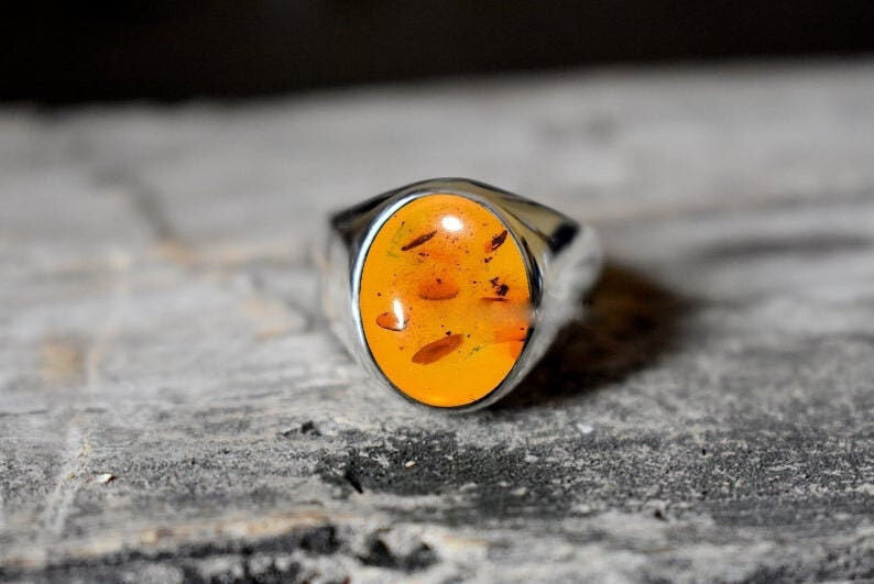 Solid 925 Sterling Silver Natural Baltic Amber Gemstone Birthday Gift Men's Ring