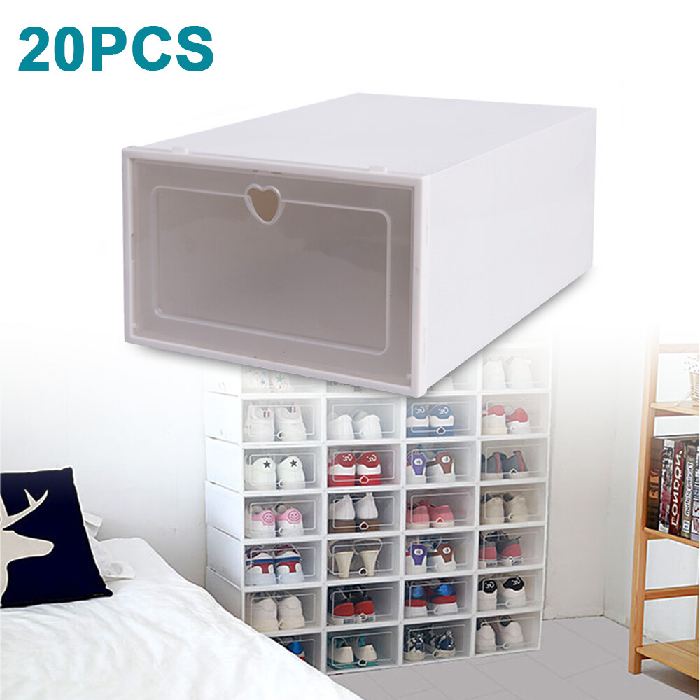20pcs Shoe Organizers White Clear Stackable Shoe Box Shoe Storage Cases Home