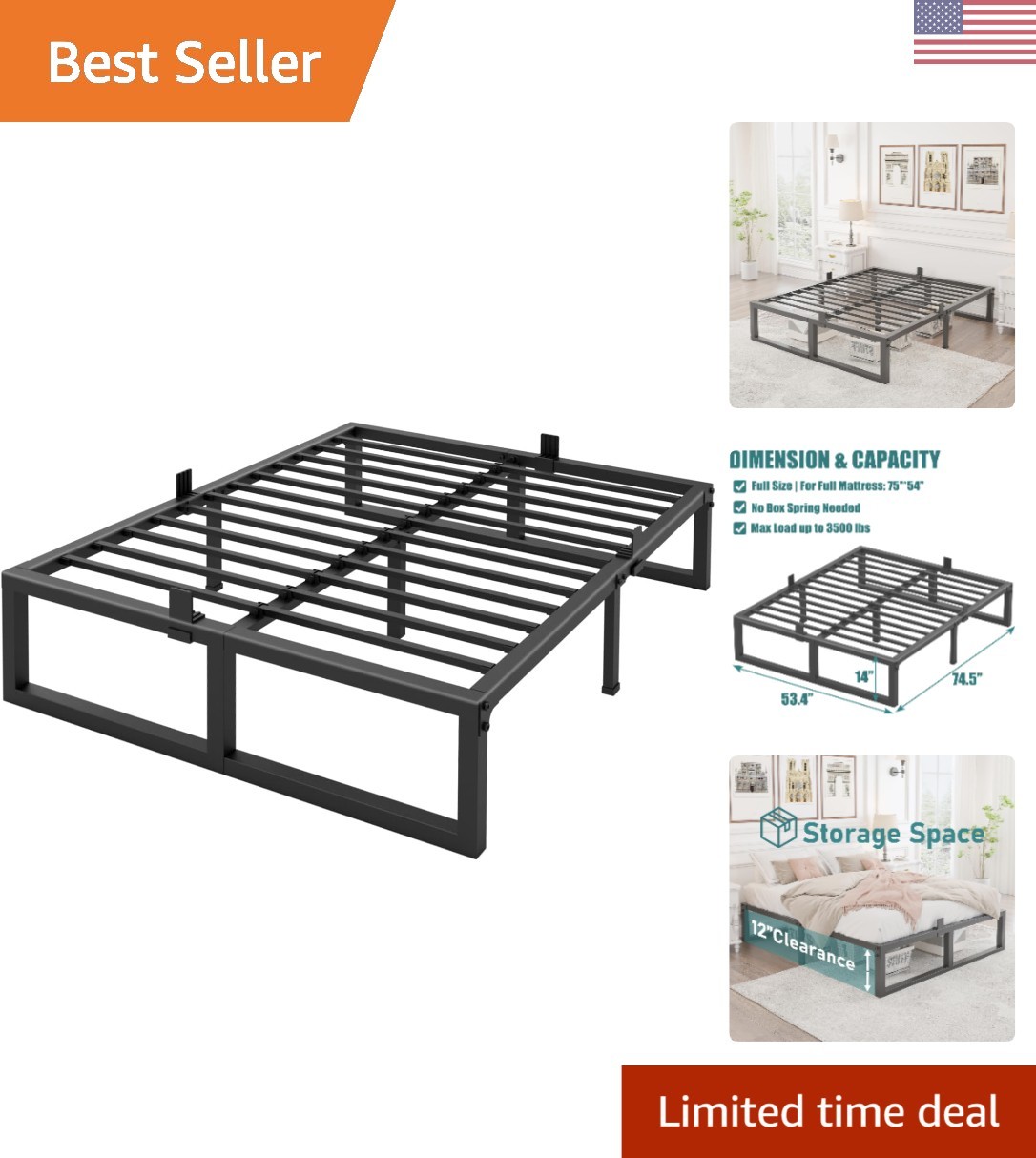 14-Inch Full Bed Frame - 3500 lbs Capacity, Easy Assembly & Non-Slip Steel Slats