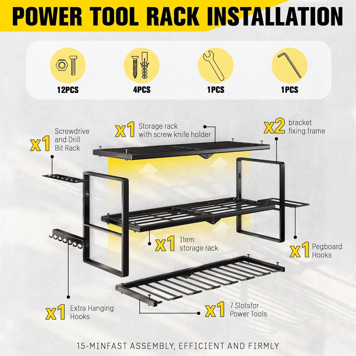 Power Tool Organizer Wall Mount - 300Lbs Load 3 Layers Storage Rack with 7 Dr...