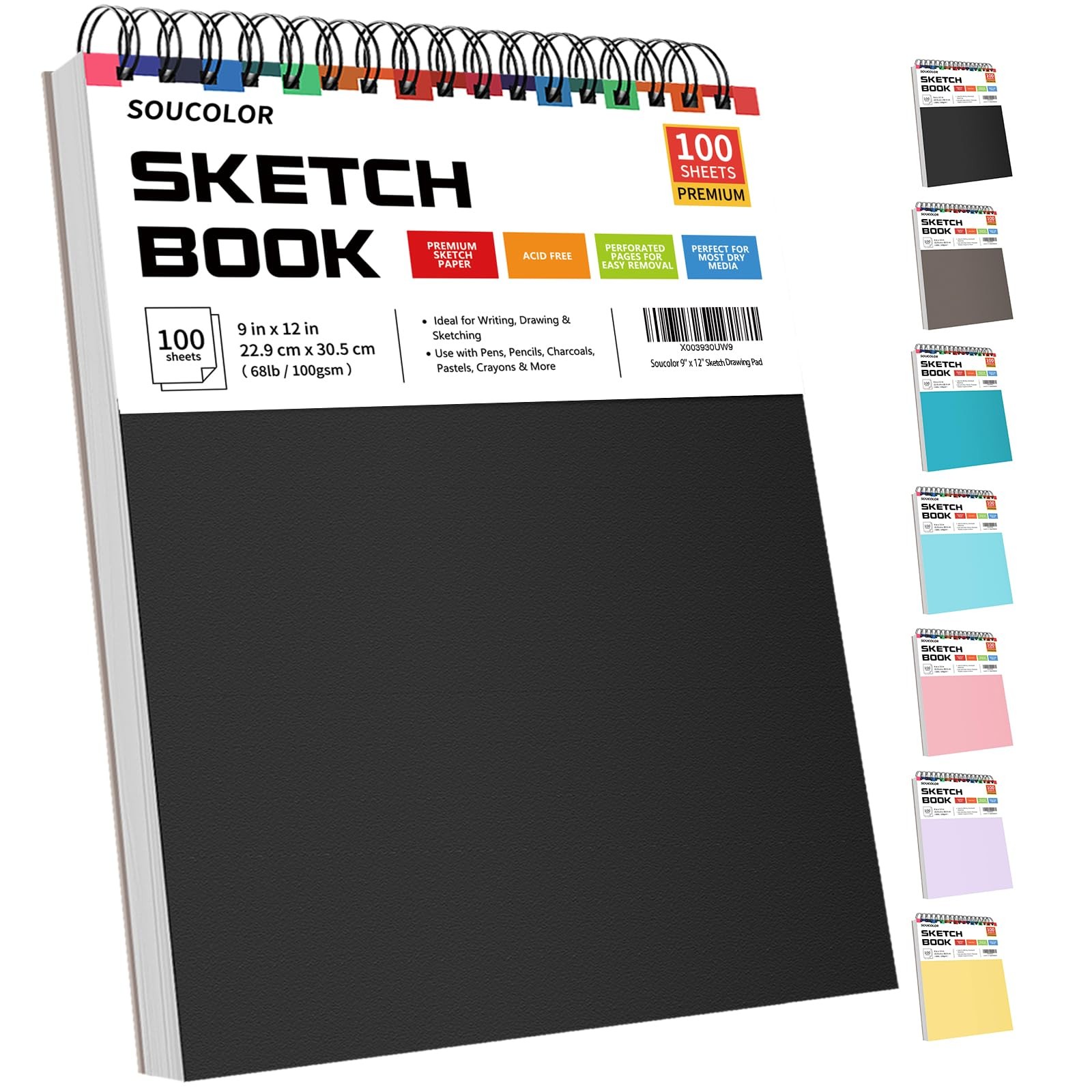 Soucolor 9" x 12" Sketch Book, 100 Sheets Top x (Pack of 1), Black