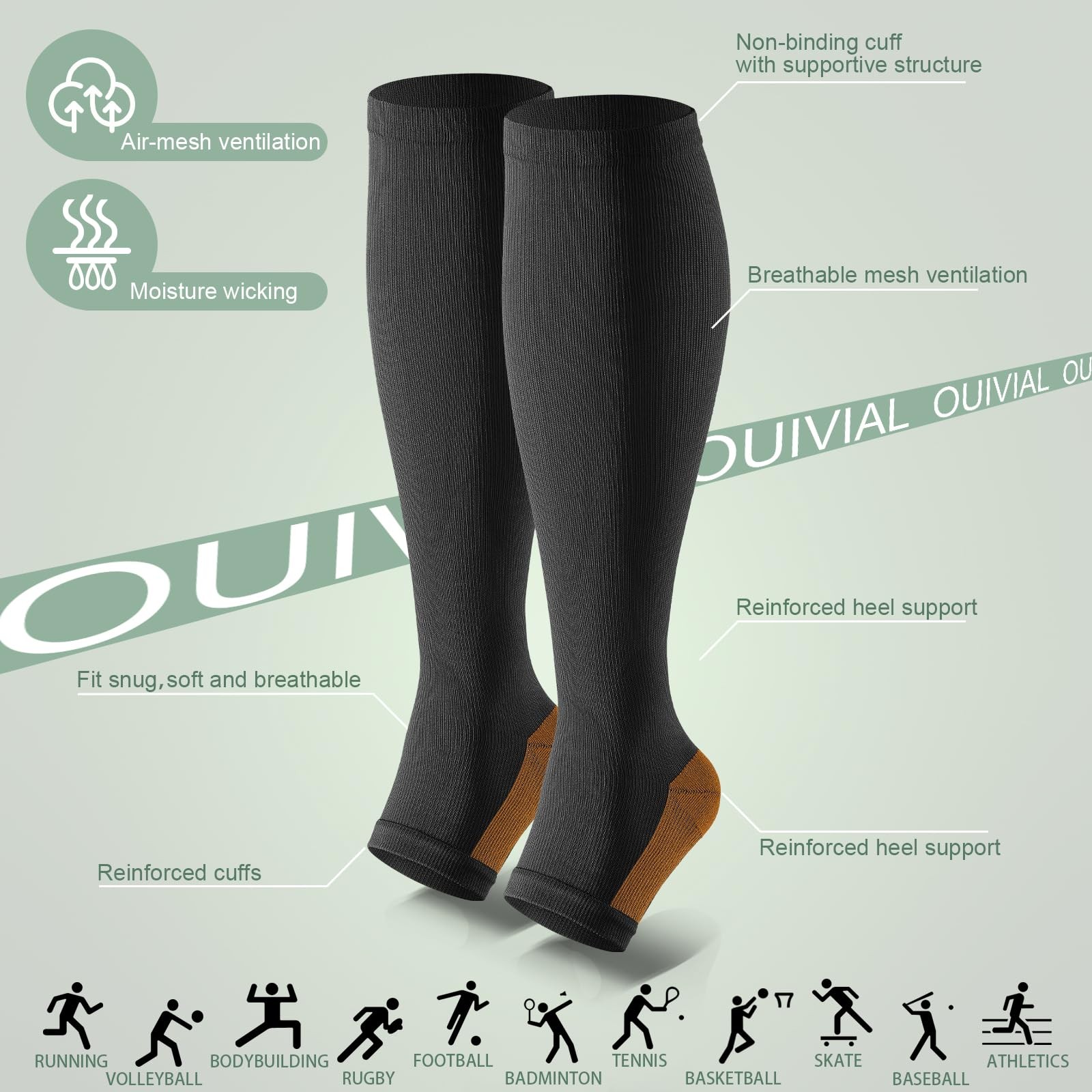 OUIVIAL 3 Pack Copper Compression Socks Large-X-Large, A04-copper Black Nude