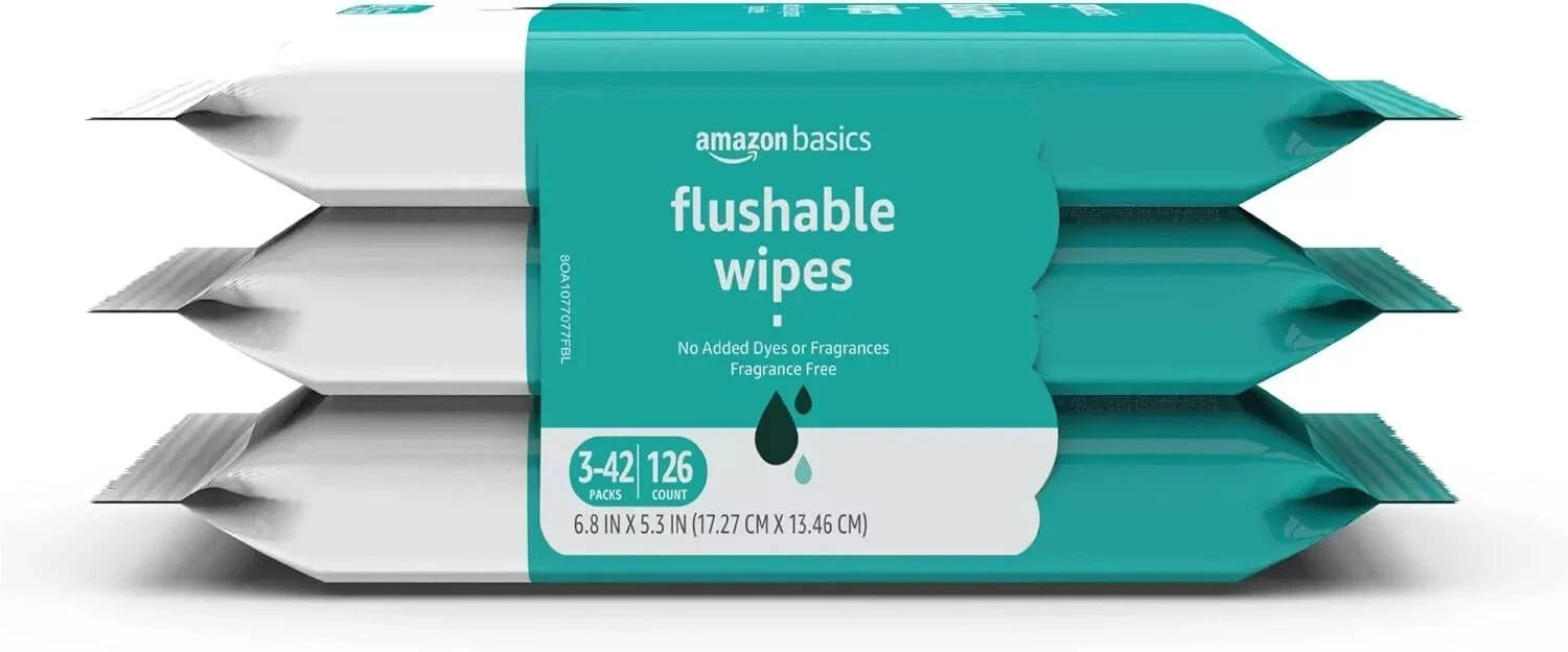 Flushable Adult Toilet Wipes, Fragrance Free, 126 Count (3 Packs of 42) Packagi
