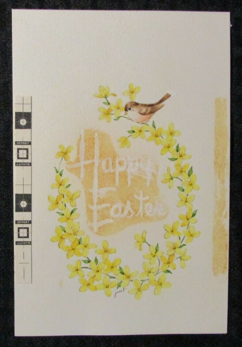 EASTER Happy Bird w/ Yellow Flowers 5x7.75" Greeting Card Art #3405