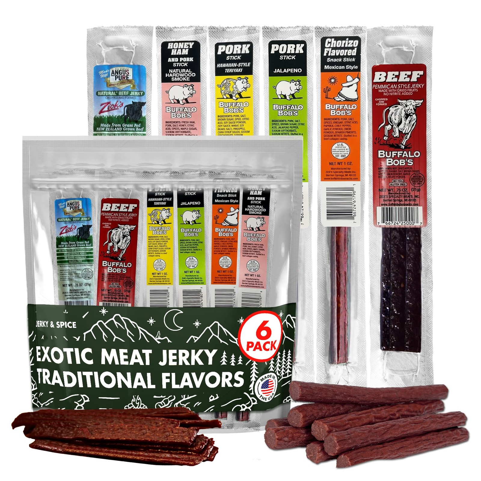 Buffalo Bob's Wild Game Meat Snacks (6 Pack), Beef Jerky Gift Set, Pork Jerky...
