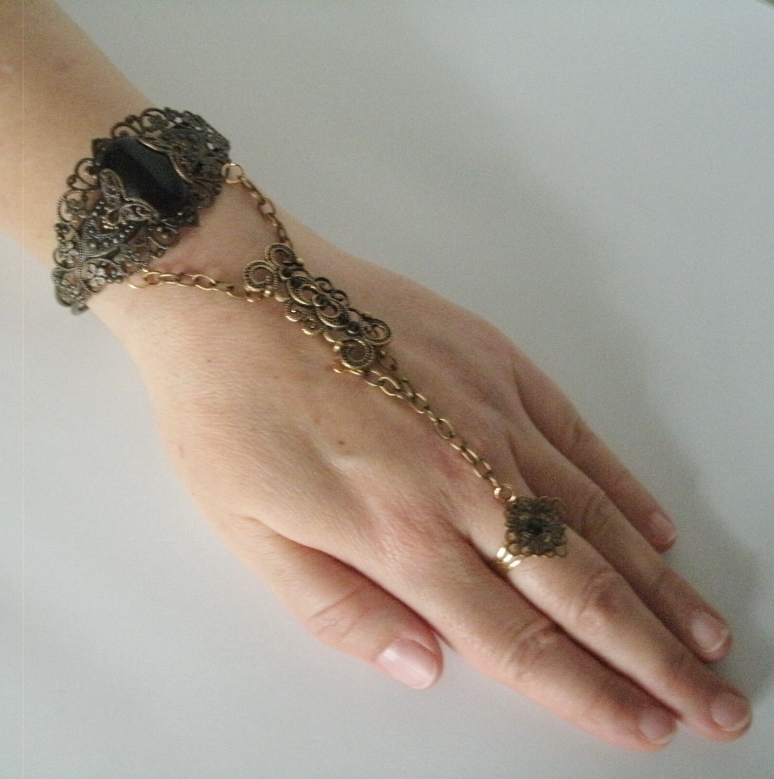 Black Onyx Gothic Art Deco Bohemian Art Nouveau Boho Hand Chain Slave Bracelet