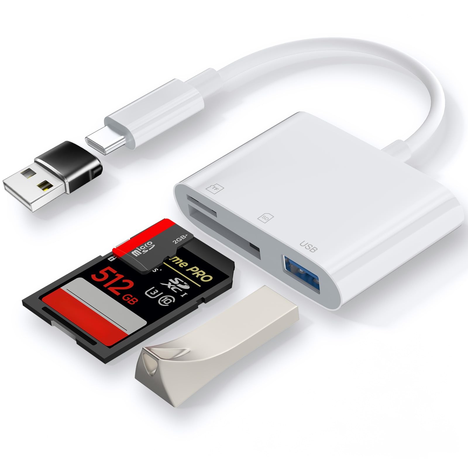 SD Card Reader,Micro Reader for Three Slots(SD+TF+CF USBC), white