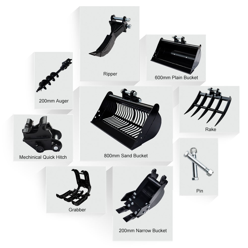 Free Ship 8-in-1 Mini Excavator Attachment Set: Auger Rake Ripper Grabber Bucket