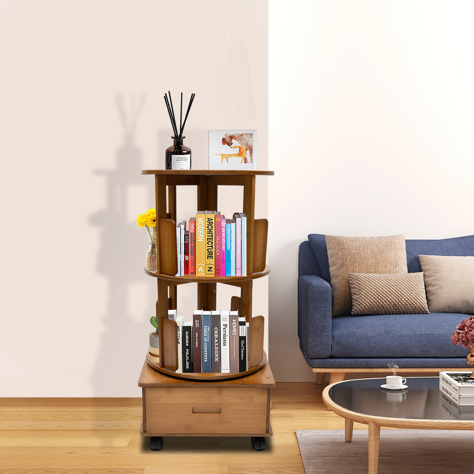 Multi Storage Table, Side Table with Rolling Wheels, Removable Swivel Bookcase
