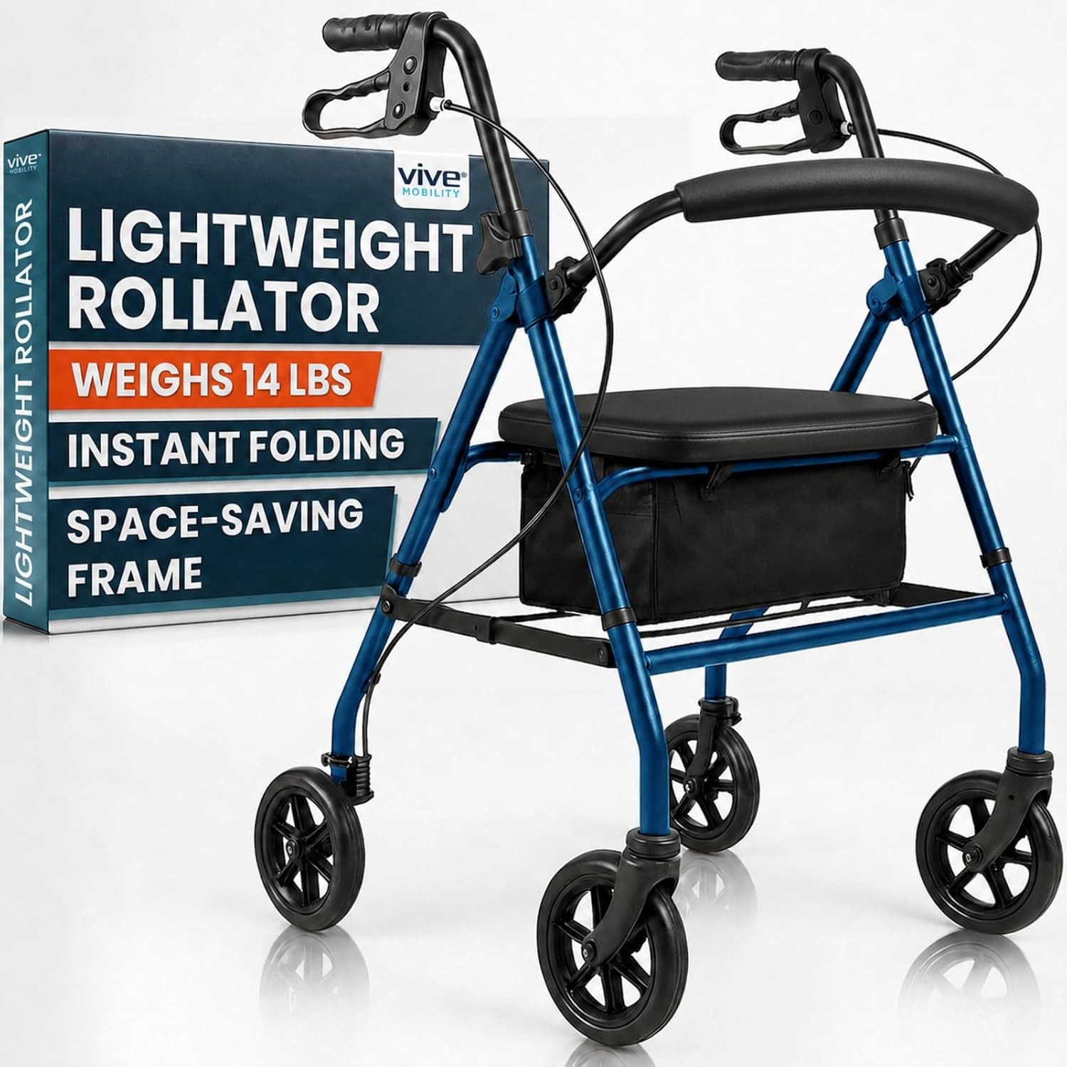 Vive Ultra Lightweight Rollator Walker with Seat - Foldable Narrow Rolling