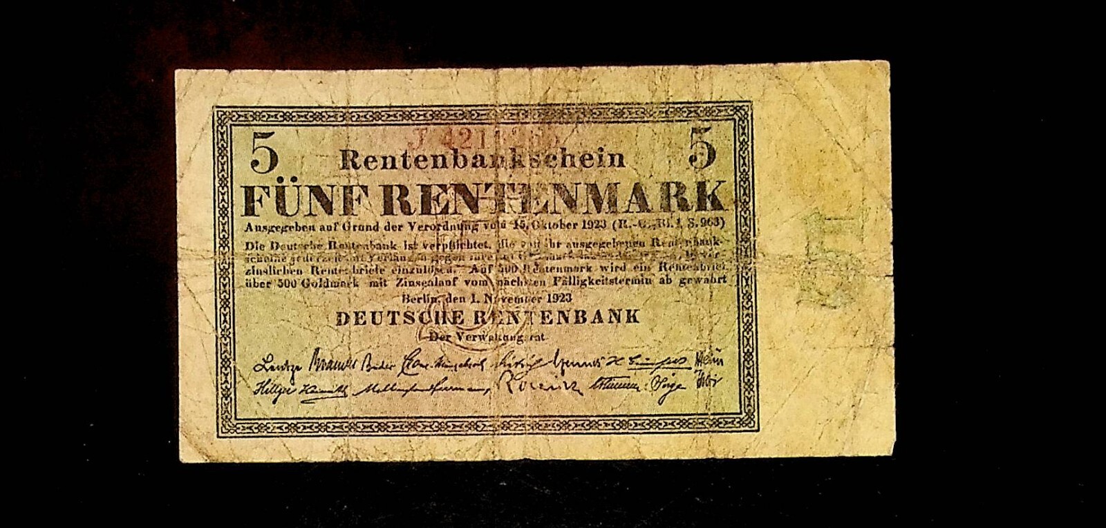 1923 Germany 5 Rentenmark banknote - 5 trillion paper mark STABILIZATION BANK