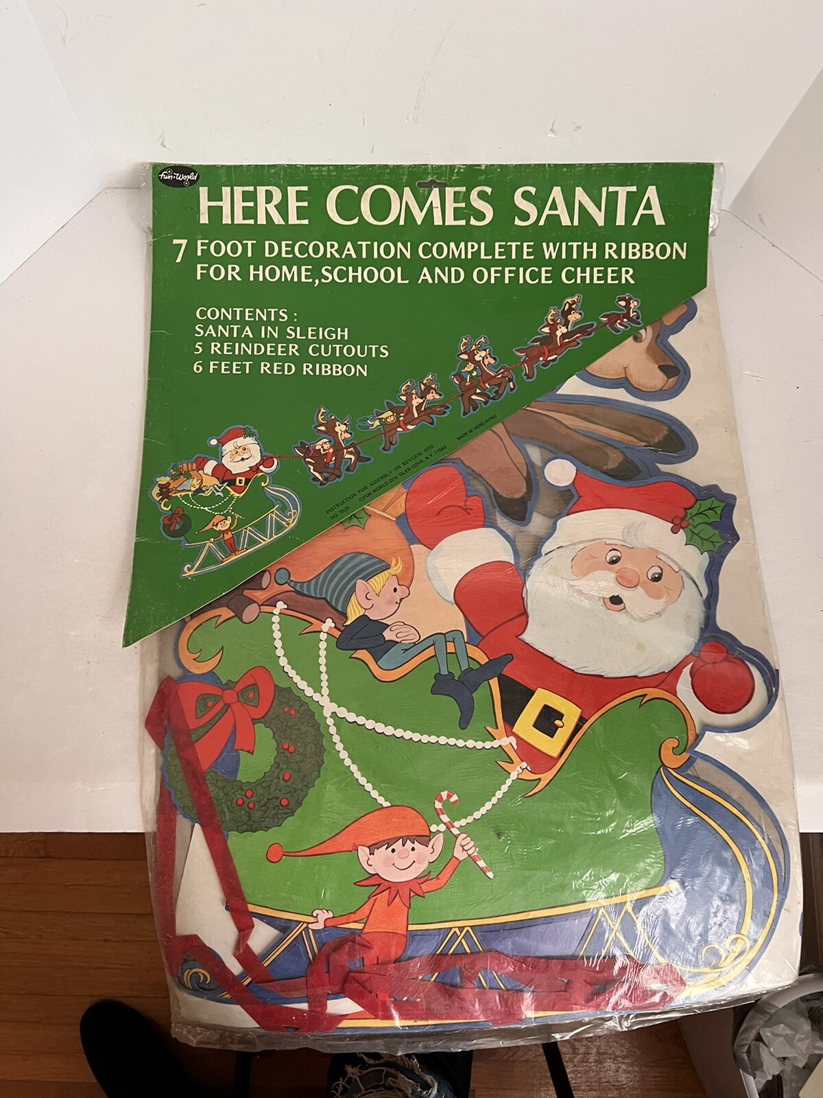 VTG Santa Clause Sleigh Reindeer Diecut Cutout Fun World Christmas Hong Kong MCM