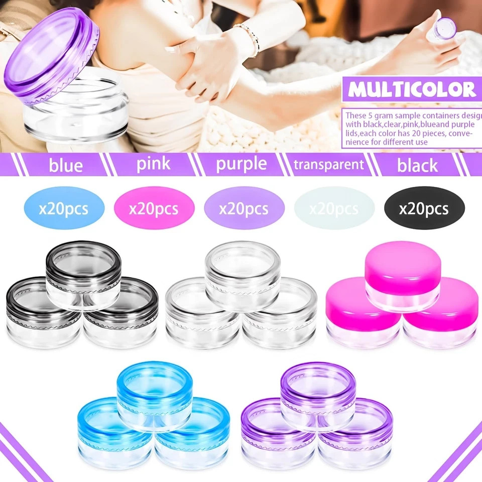 100 Pcs 5g Empty Plastic Containers with Colored Lids,Mini Makeup Sample Cont...
