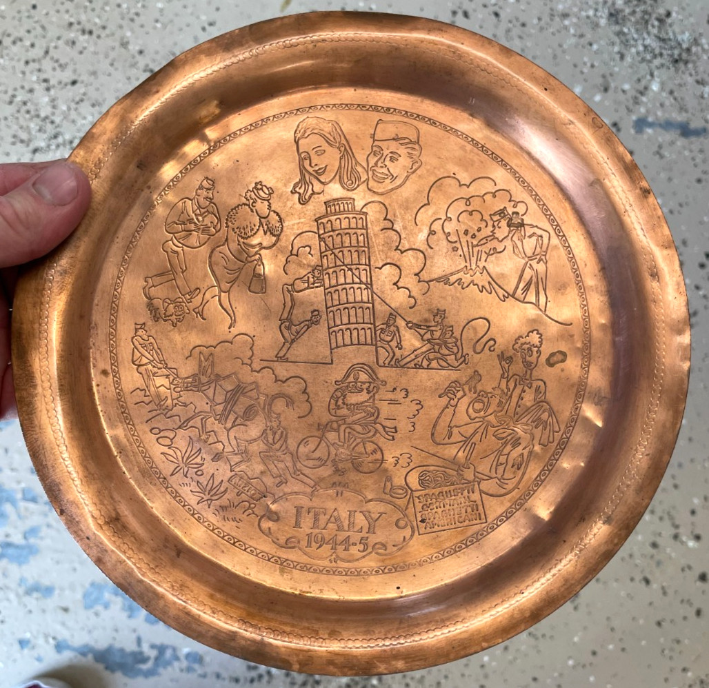 VGT Hand Made Copper WW2 Trench Art Italian Souvenir Plate 1945 Decor