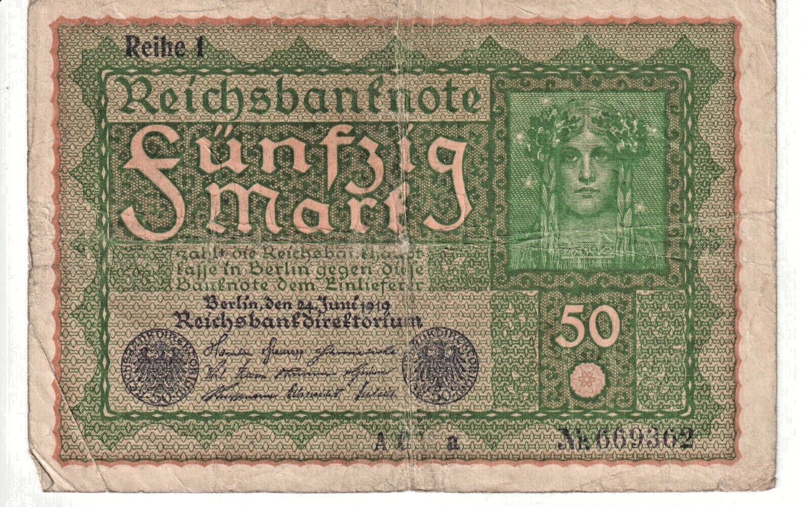 1919 Germany 50 Mark ReichsBanknote  P# 66 - Fine - # 23473